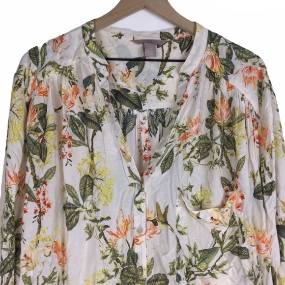 H&M Top Popover Blouse Tunic Hummingbirds Floral Tropical Leaves Lightweight 24 - Picture 2 of 7